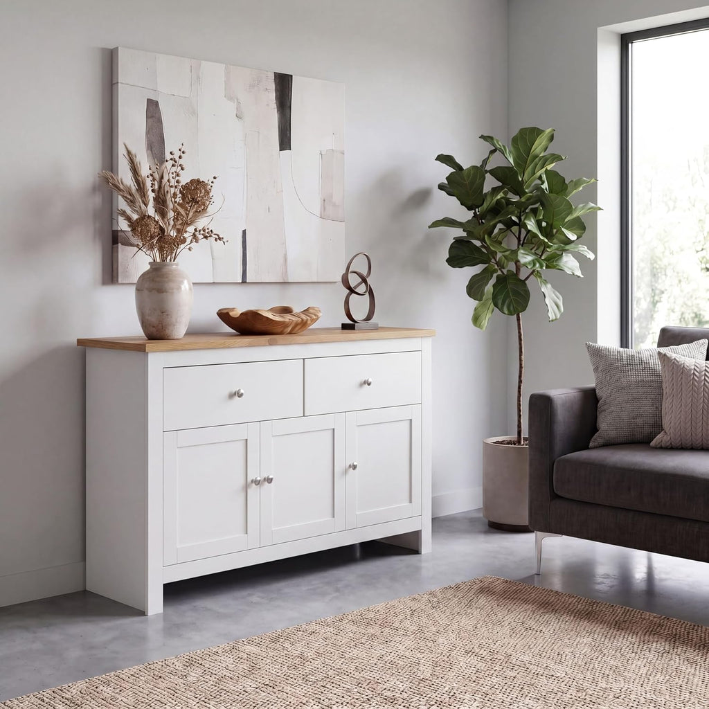 Arlington Sideboard, Buffet Table, Cupboard Cabinet (White & Oak, 2 Drawer 3 Door)