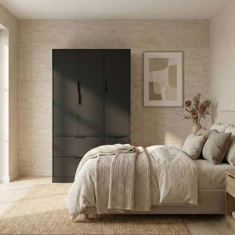 3 Door Wardrobe with 4 Drawers – Wooden Bedroom Storage Cupboard with Hanging Rail for Clothes - Black Unit & Black Doors & Drawers
