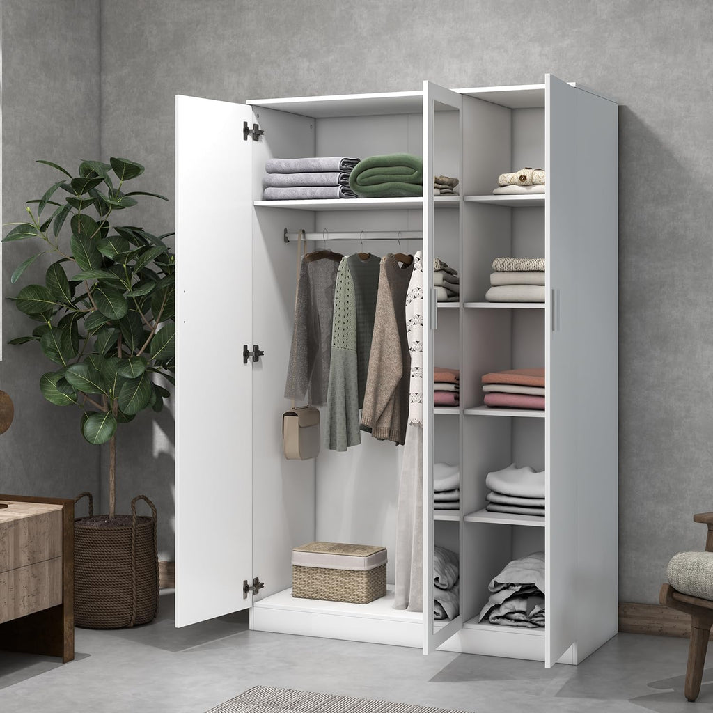 3 Doors Mirrored Wardrobe for Bedroom Bedroom Furniture Robe with 6 Storage Compartments, Hanging Rail, 115.4 X 50 X 180 Cm (White)