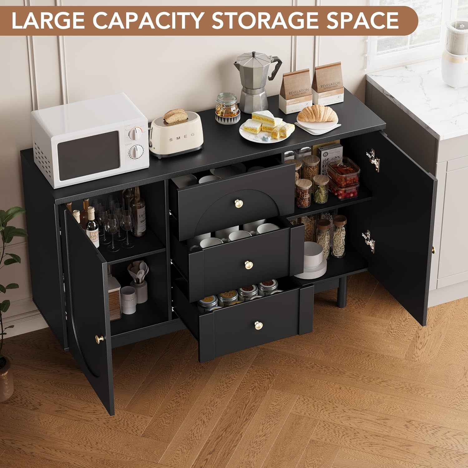 Sideboard, Wooden Sideboard Cabinet with Adjustable Shelf, 3 Drawers and 2 Doors, Modern Cabinet for Living Room, Hallway, Kitchen, Black