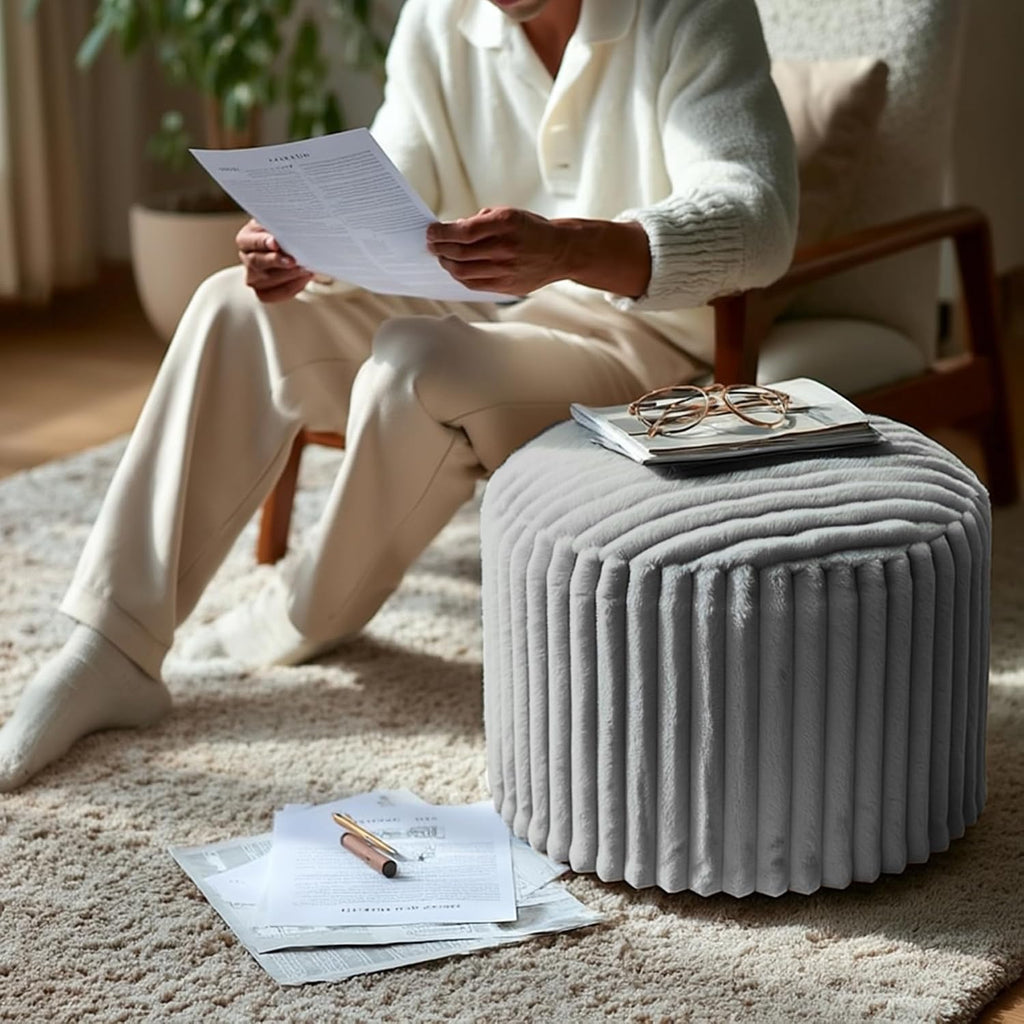 Round Footstool Bean Bag, Faux Fur Pouffe, Grey | Pouf with Foam Chunk Filling, Ottoman Stuffed round for Foot Rest, Dressing Table Stool, 38X50 Cm Footstool for Living Room