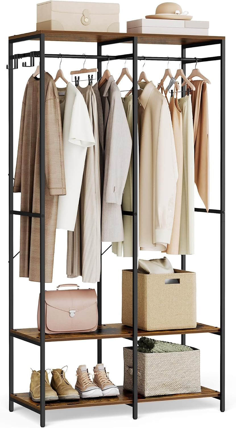 Portable Clothes Wardrobe, Foldable Closet, Clothes Rack Freestanding, Closet Organiser, with Hanging Rods, Storage Shelves, Removable Hooks, 40 X 94.5 X 180 Cm, Rustic Brown RGR004B01