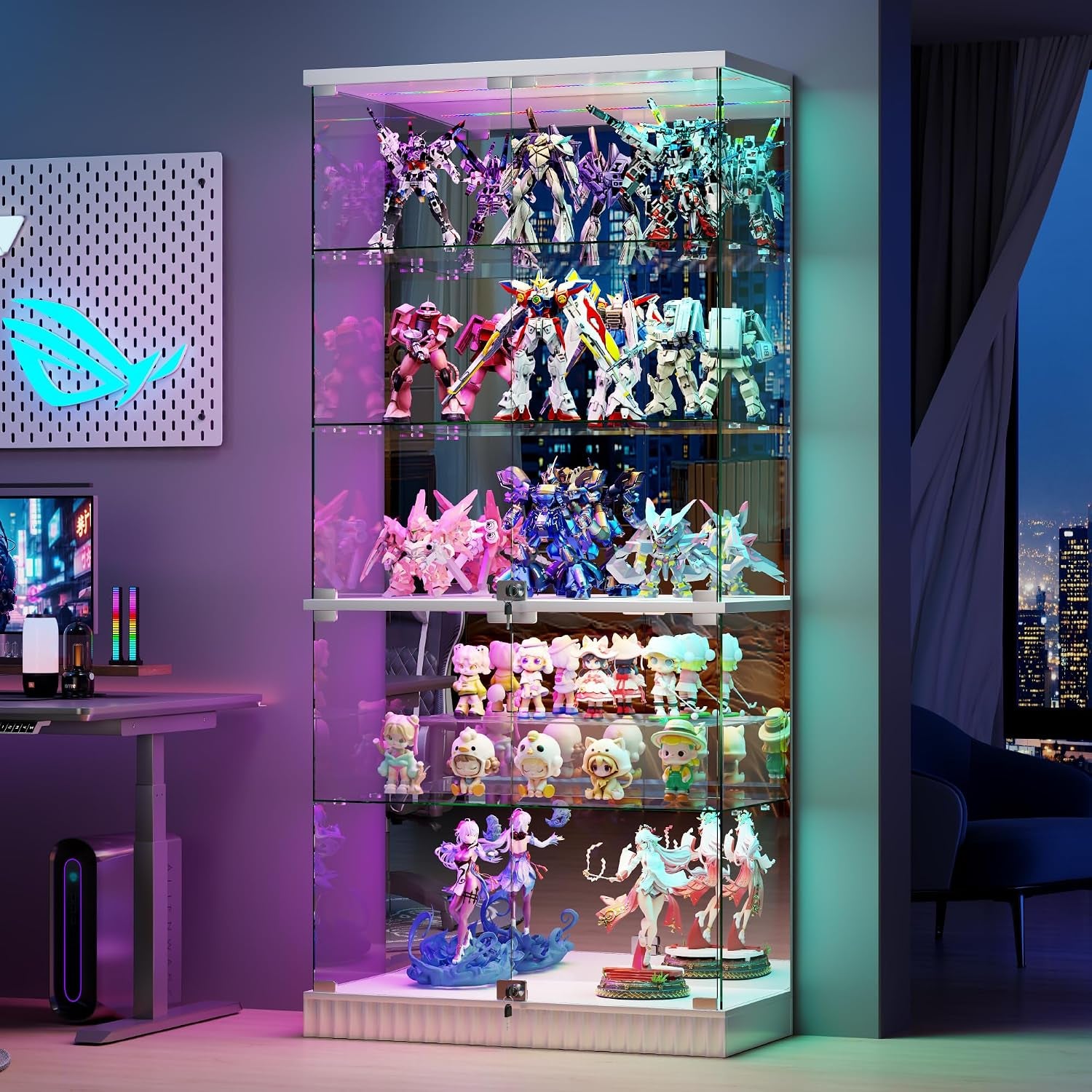 5 Tier Glass Display Cabinet Withrbg Lights for Collectibles,White