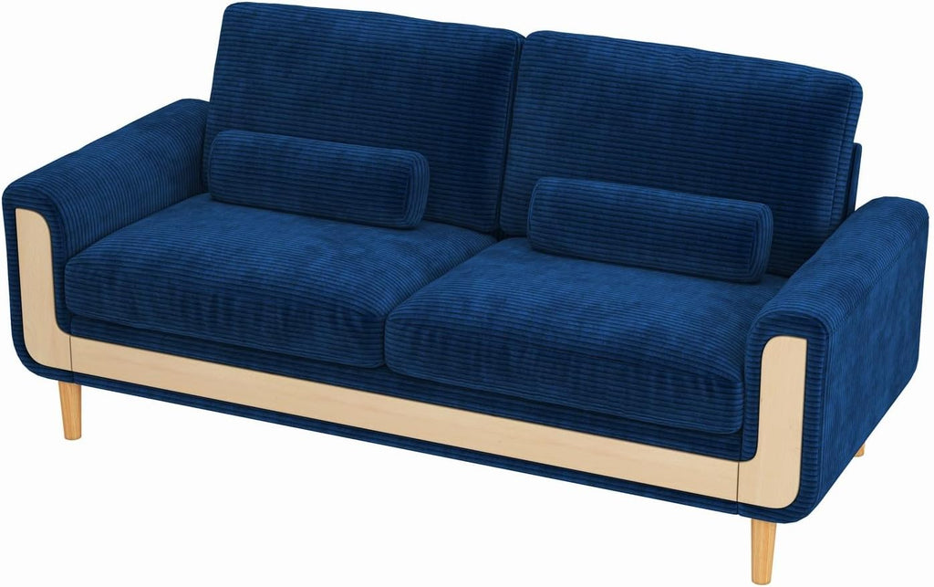 Large 2 Seater Sofa in Corduroy with Bolster Cushions, Blue | 175 Cm Wide, 146 Cm Seat, 51 Cm Seat Depth, 15 Cm High Legs, Solid Wood Frame, Corduroy Upholstery