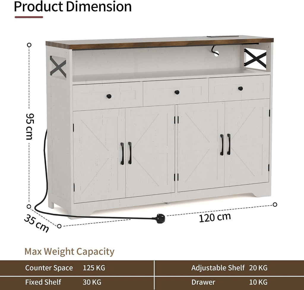 Sideboards Cabinet with Power Outlets,Wooden Storage Sideboard with Adjustable Shelf,3 Drawers and Open Shelf,Buffet Cupboard for Living Room,Kitchen,Hallway, Dining Room,Woodgrain White