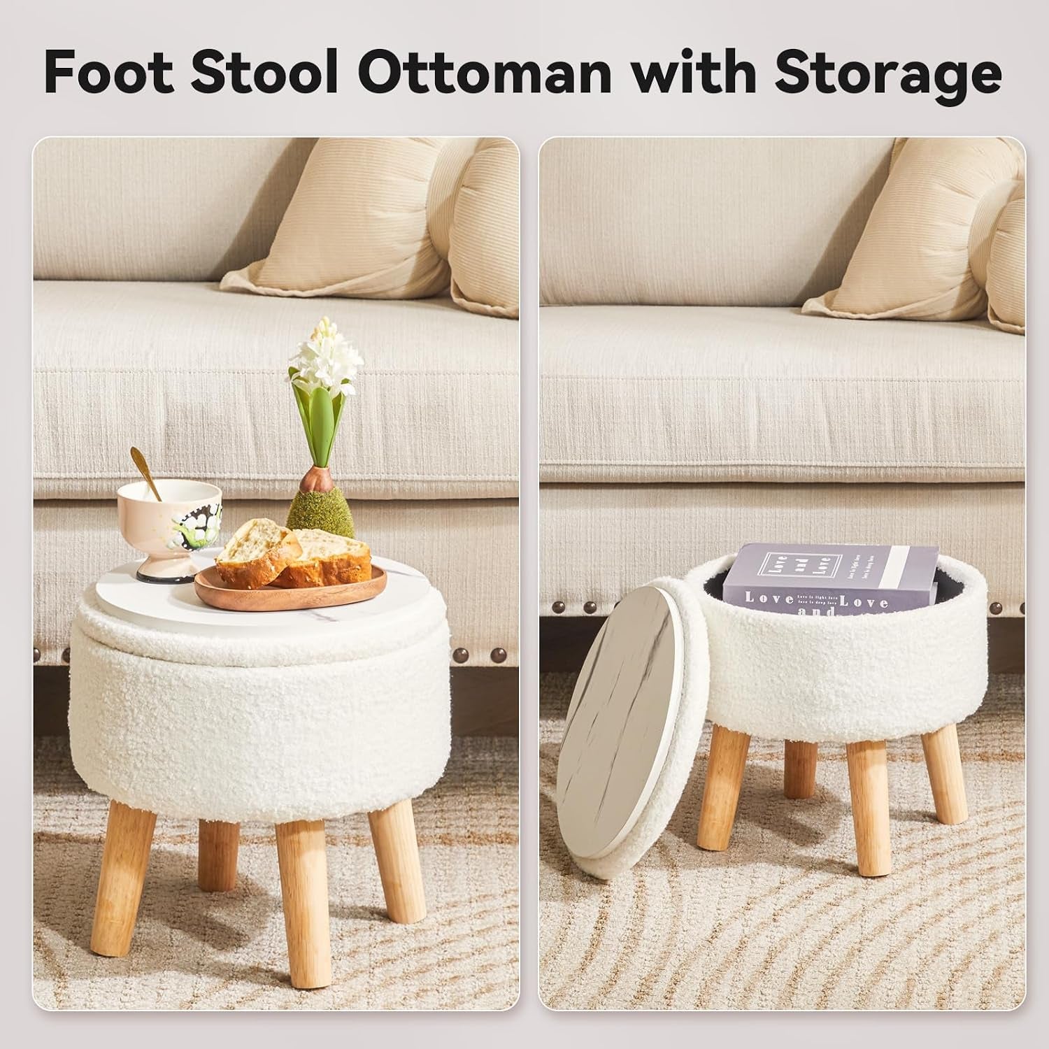 13 Inch Small Footstool Ottoman with Storage, round Pouffe Foot Rest with Padded Seat and Wood Legs, Teddy Velvet Mini Footstool for Living Room Couch Bedroom Entryway, Cream WBD006W