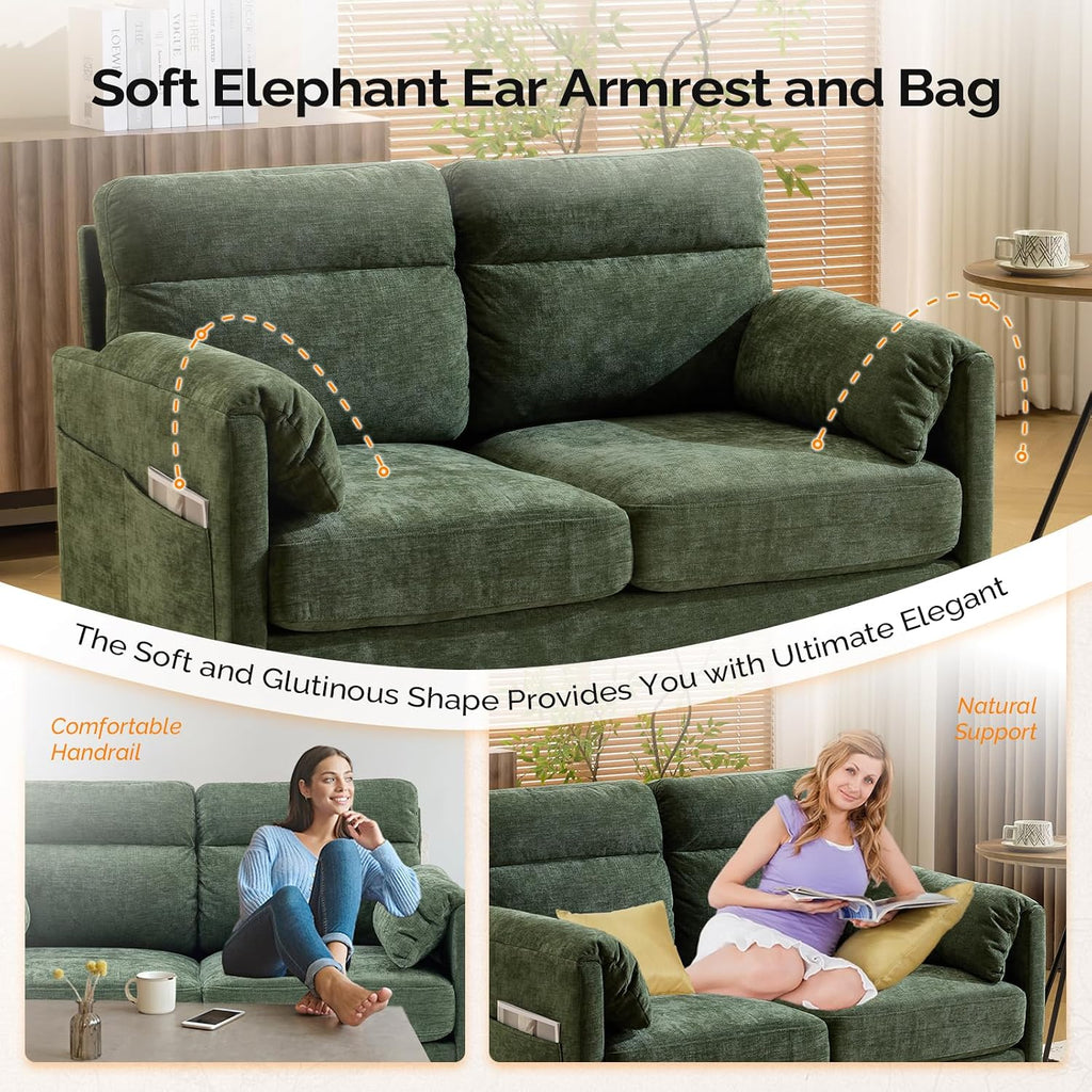 2 Seater Sofa, Modern Small Sofa with Soft Cushion and Tapered Legs | Compact Loveseat with Side Pocket Storage and Deep Seat, Perfect Couch for Living Room, Bedroom, Office, Apartment, Green