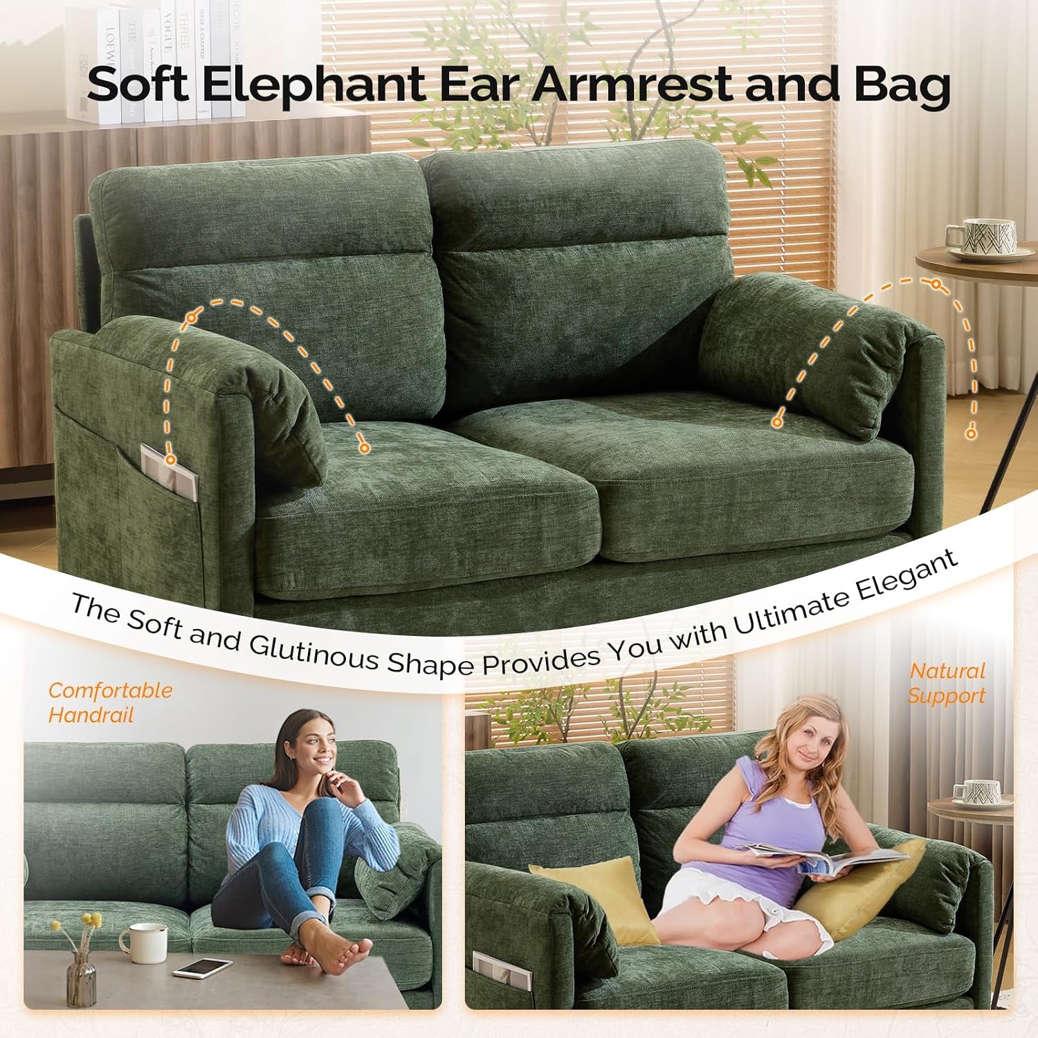 2 Seater Sofa, Modern Small Sofa with Soft Cushion and Tapered Legs | Compact Loveseat with Side Pocket Storage and Deep Seat, Perfect Couch for Living Room, Bedroom, Office, Apartment, Green