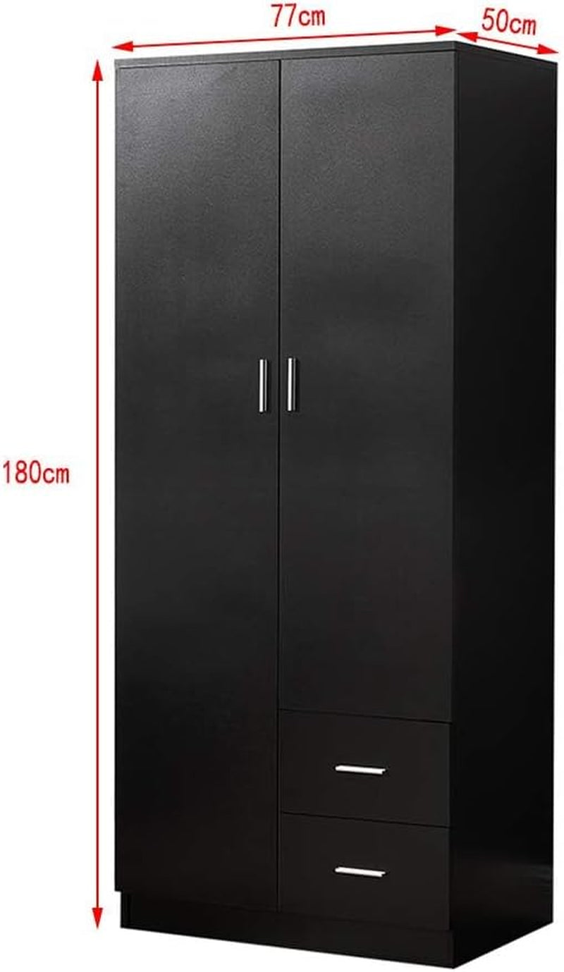 Wooden 2 Door 2 Drawer Wardrobe with Shelf and Hanging Rail Modern Clothes Storage Cupboards Unit for Bedroom Furniture W 77 * D 50 * H 180Cm (Black)