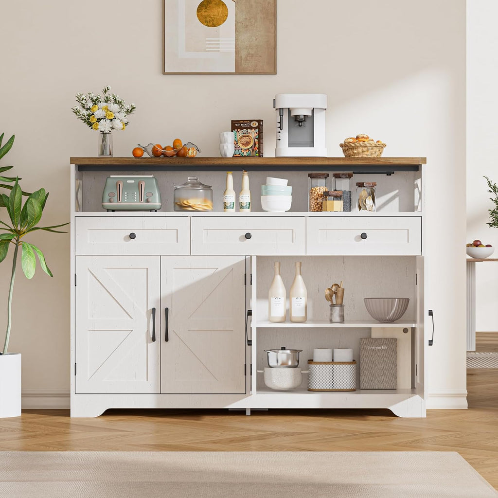 Sideboards Cabinet with Power Outlets,Wooden Storage Sideboard with Adjustable Shelf,3 Drawers and Open Shelf,Buffet Cupboard for Living Room,Kitchen,Hallway, Dining Room,Woodgrain White