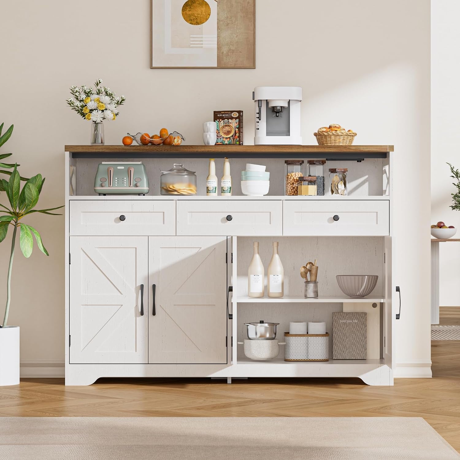 Sideboards Cabinet with Power Outlets,Wooden Storage Sideboard with Adjustable Shelf,3 Drawers and Open Shelf,Buffet Cupboard for Living Room,Kitchen,Hallway, Dining Room,Woodgrain White