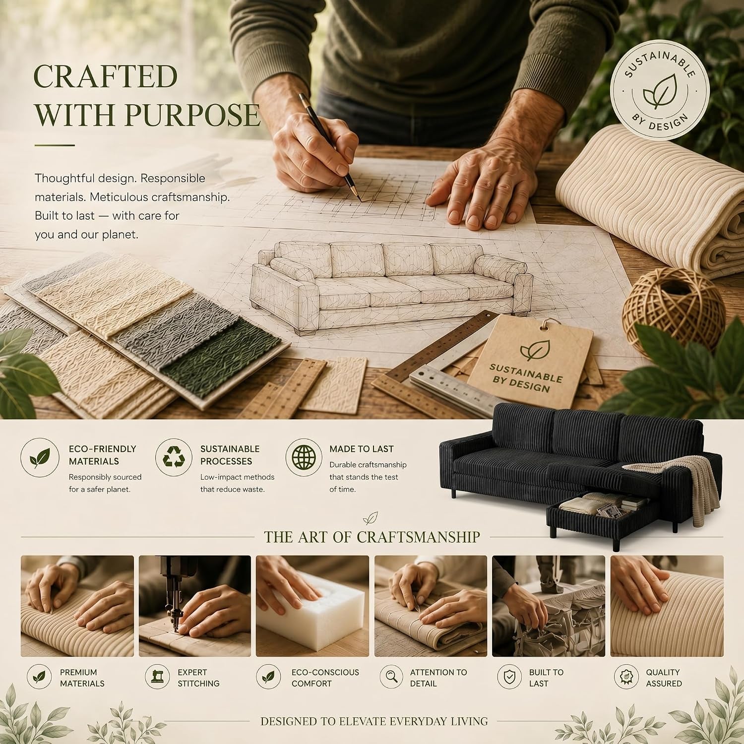 200Cm L Shaped Sofa with Movable Storage Ottoman, Black | 3-Seater Modular Sectional Sofa, Corduroy Couch, Wooden Frame, Deep Seat, Ideal for Living Room