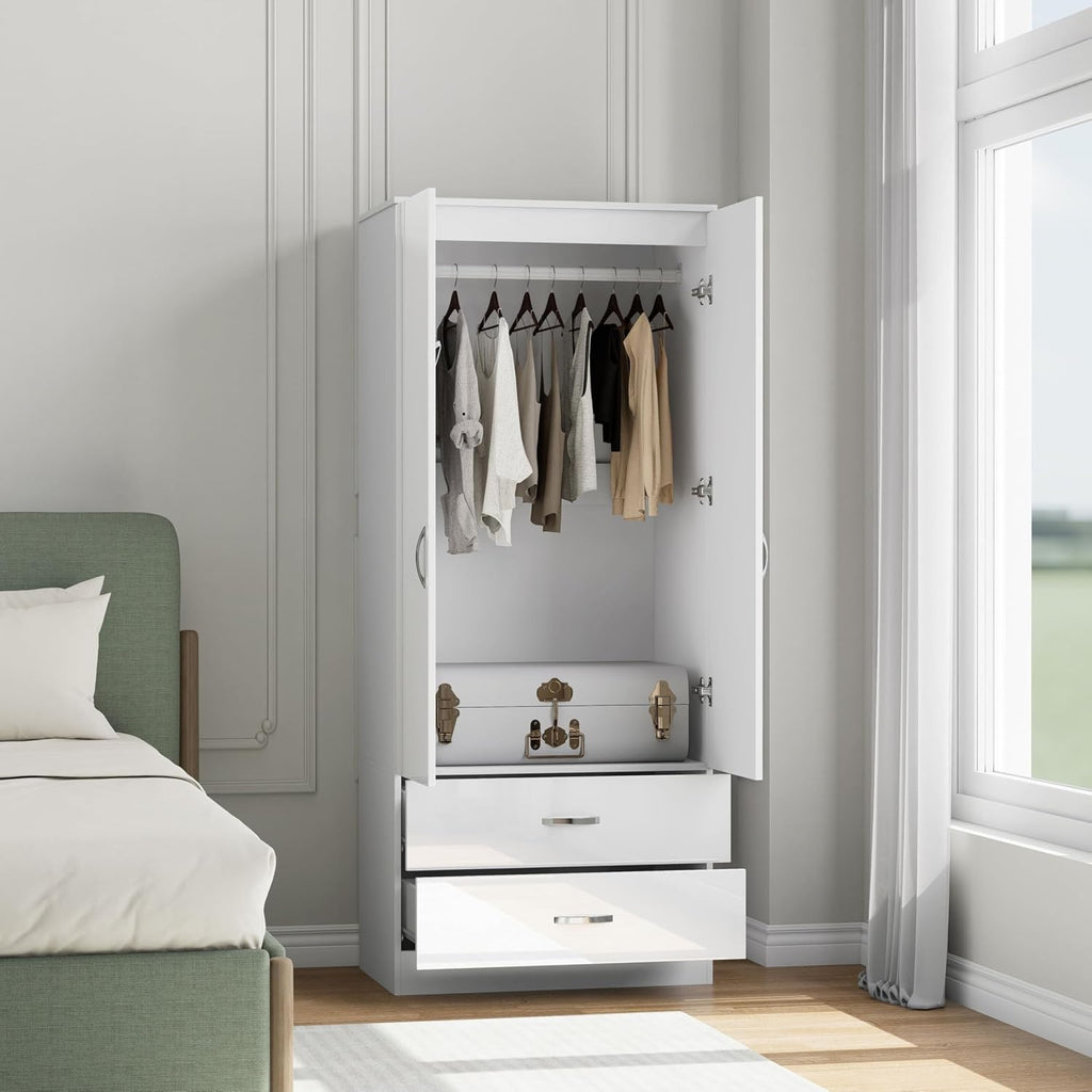 Gloss 2 Door Wardrobe with Mirror N Drawer 180Cm for Bedroom Storage, Gloss White(Matt White)