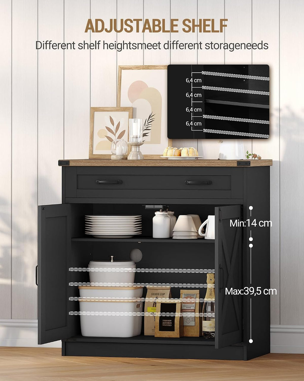Sideboard, Kitchen Cabinet with Drawer & 2 Doors, 40 X 80 X 80 Cm | Freestanding Kitchen Cupboard with Adjustable Shelf, for Entryway, Living Room, Dining Room, Black, SC84806X