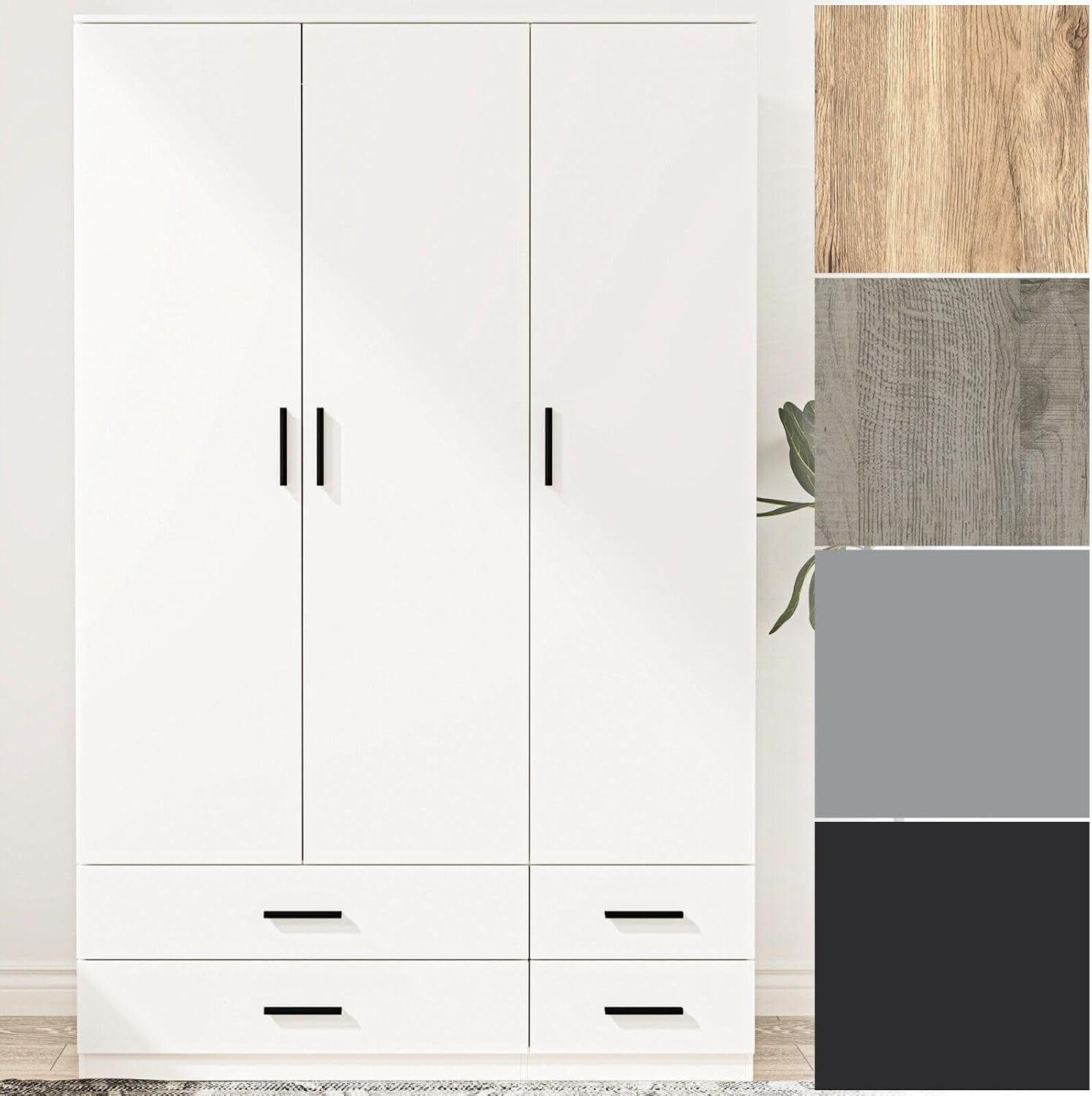 Modern 3 Door 4 Drawer Wardrobe with Hanging Rail, Bedroom Furniture, Storage Shelf Clothes Organiser Stylish Design, Ample Storage Solution (White)