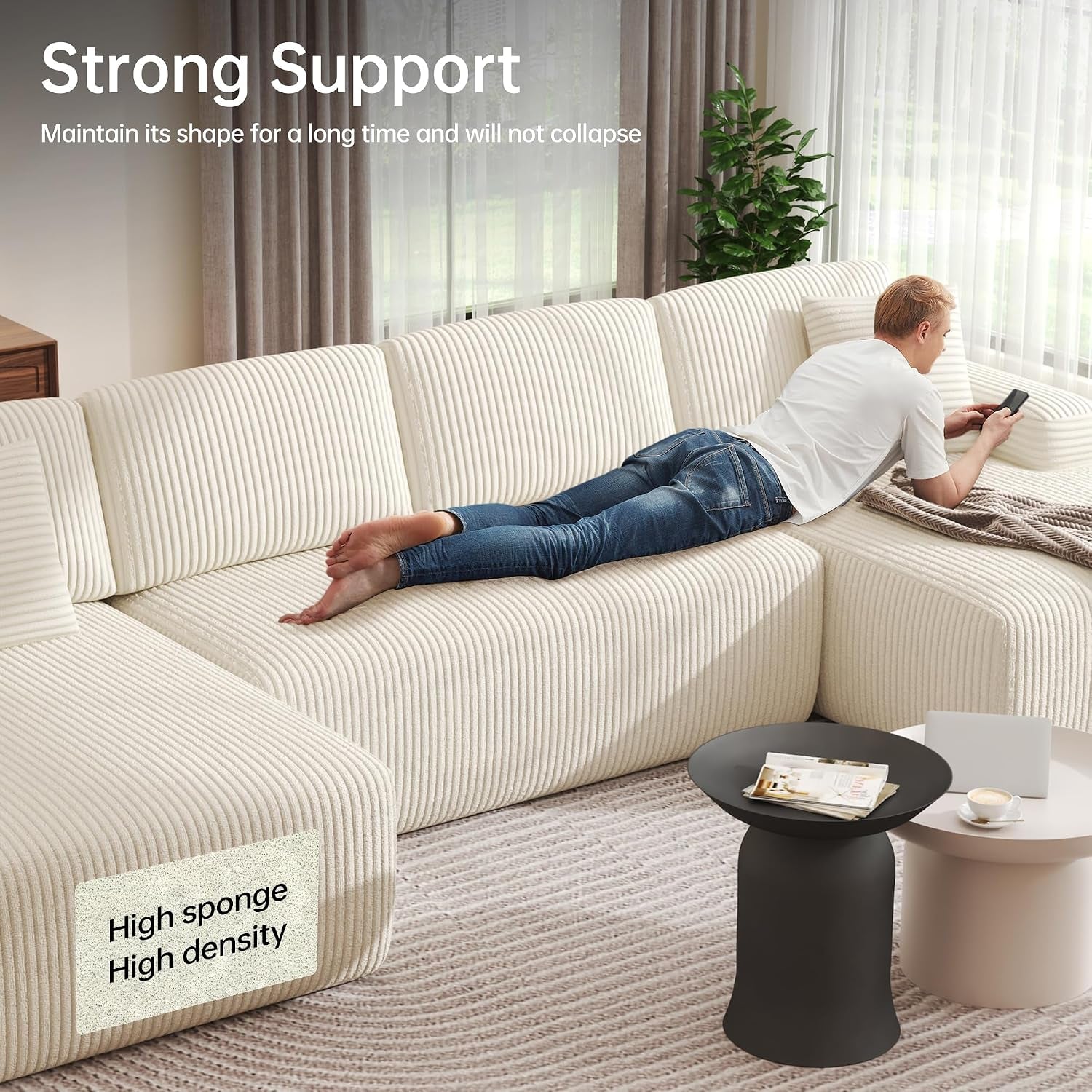 320Cm U Shaped Sofa Modular Convertible Boneless Couch | Comfort Sectional Sofa Couch, Modern Corduroy Deep Seat Couch, Convertible 4-Seater for Living Room (Beige)