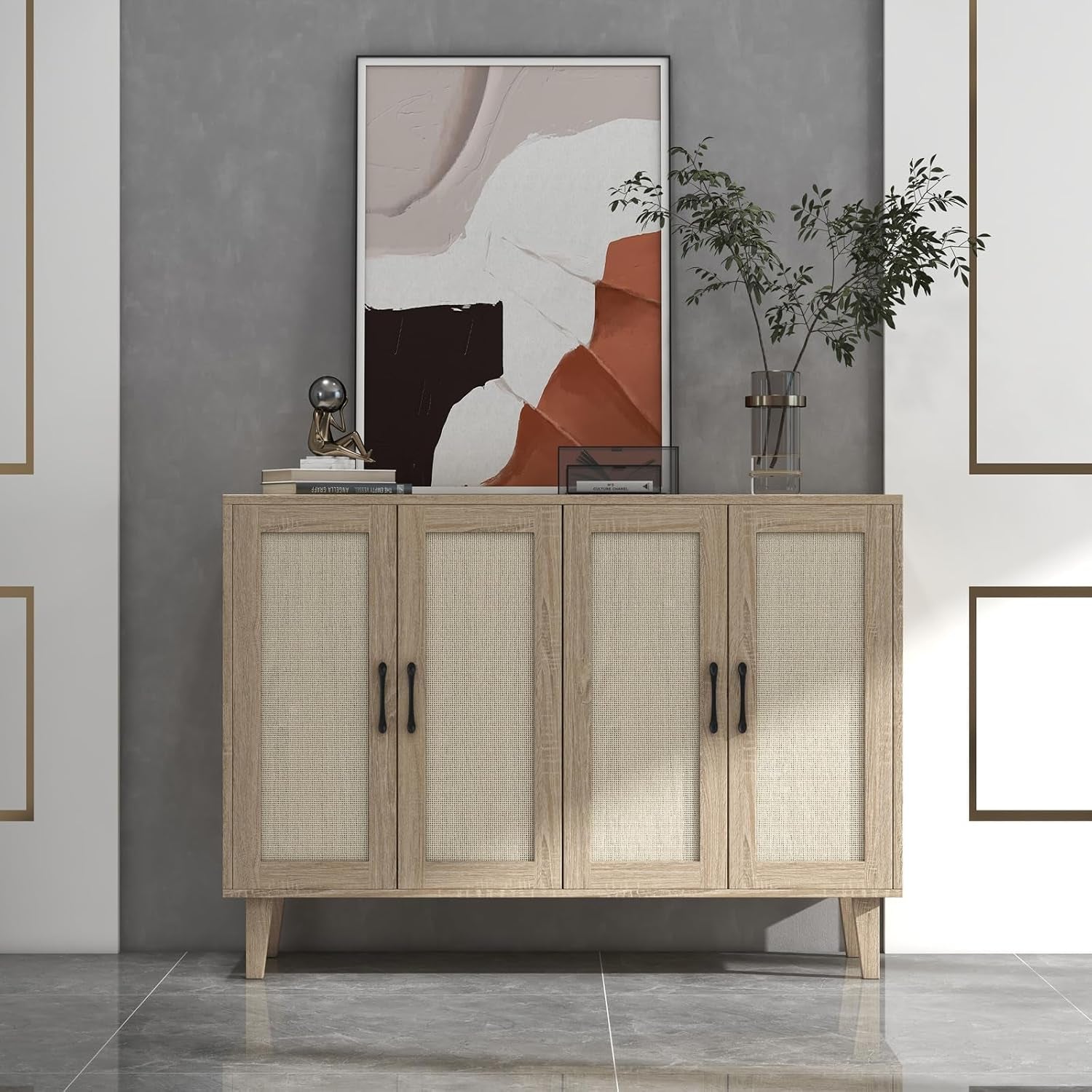 Buffet Storage Cabinet with Rattan Decorating Living Room Wood Kitchen Sideboard Accent Cabinet (Natural Wood, 123(W) X 38(D) X 88(H))