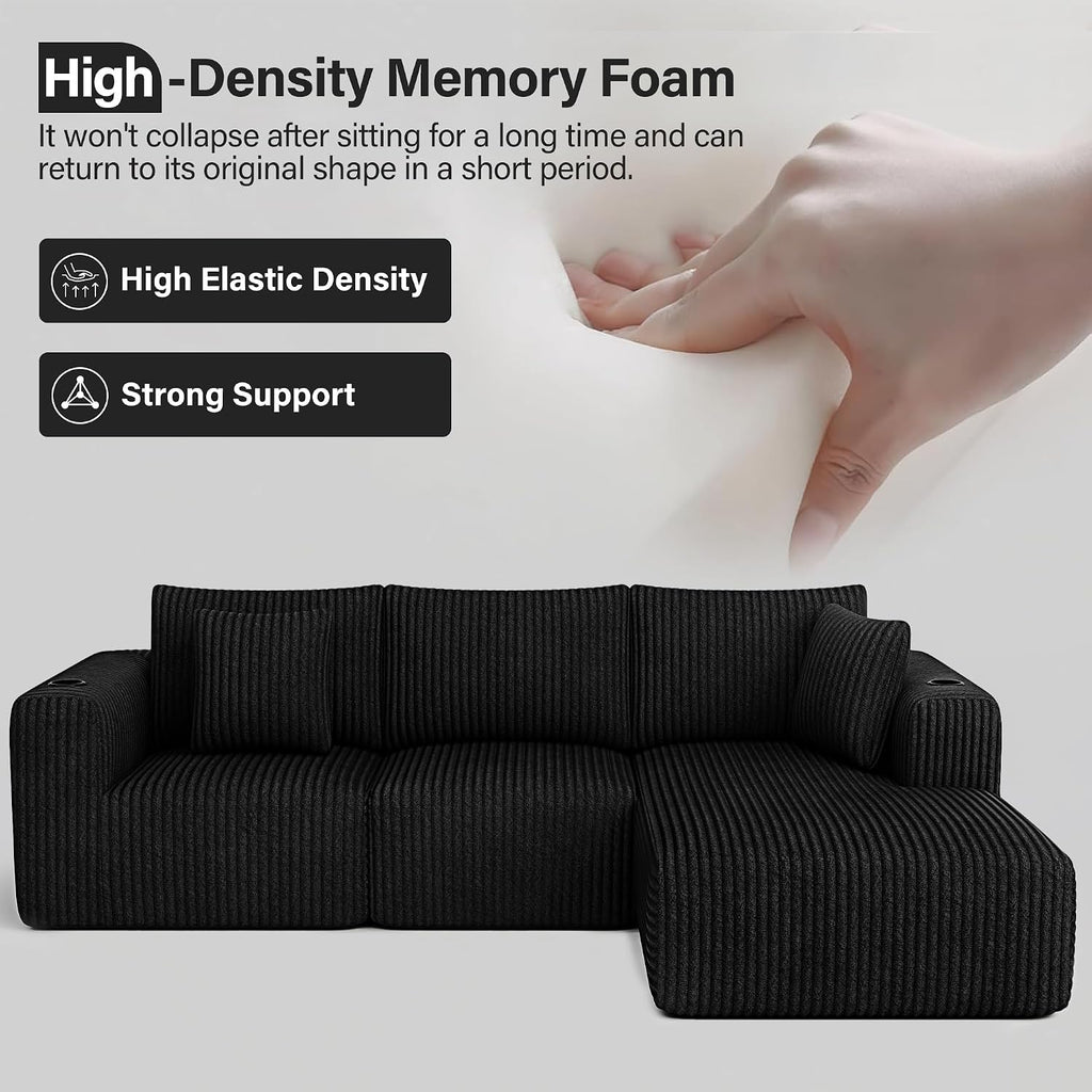 275Cm L-Shaped Sofa Boneless Modular Sectional Cloud Couch | 3-4 Seater, Corduroy Memory Foam,Cup Holder,No Assembly,Living Room & Bedroom