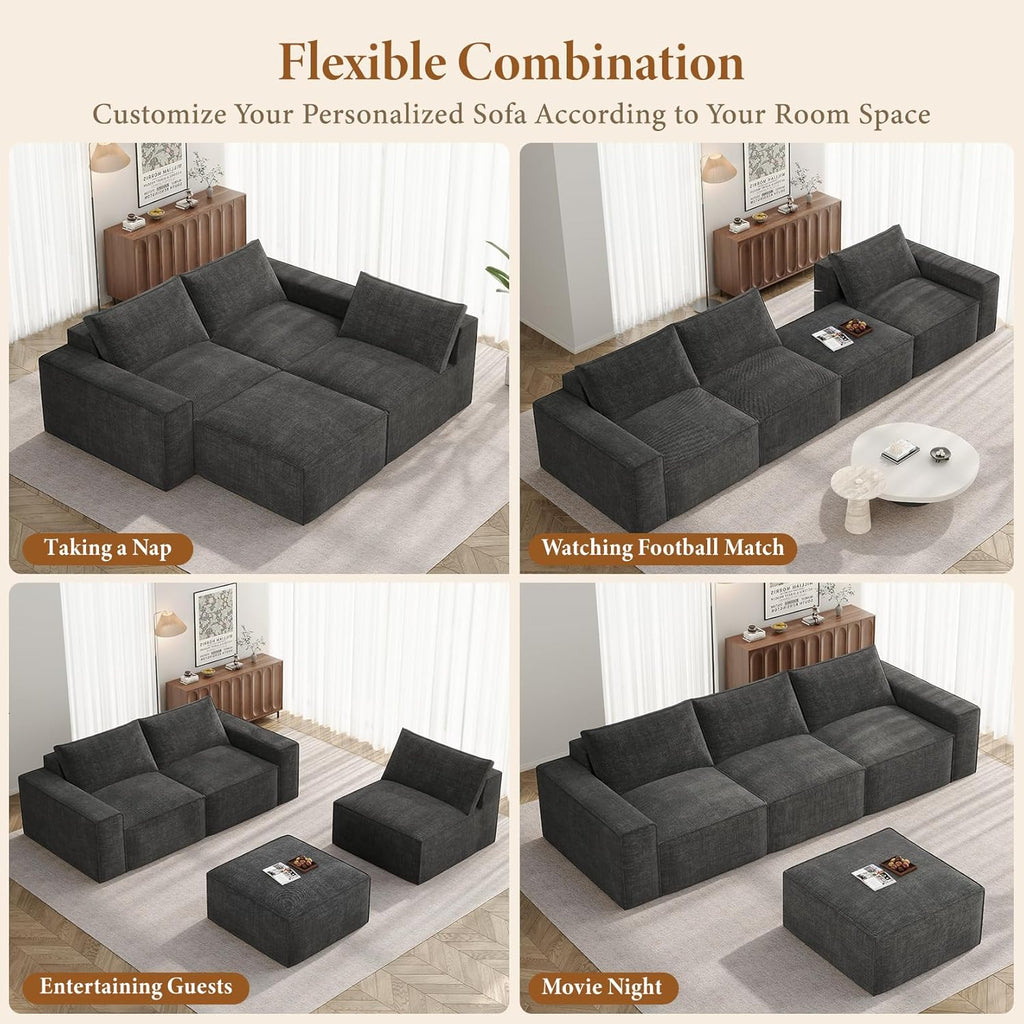 285Cm Boneless Corner Sofa, Deep Seat Large Modular Couch, Grey | Cloud Comfort, No Assembly Required, Easy Rearrangement, Sectional Living Room Couch for Apartment, Compressed Sofa Chenille