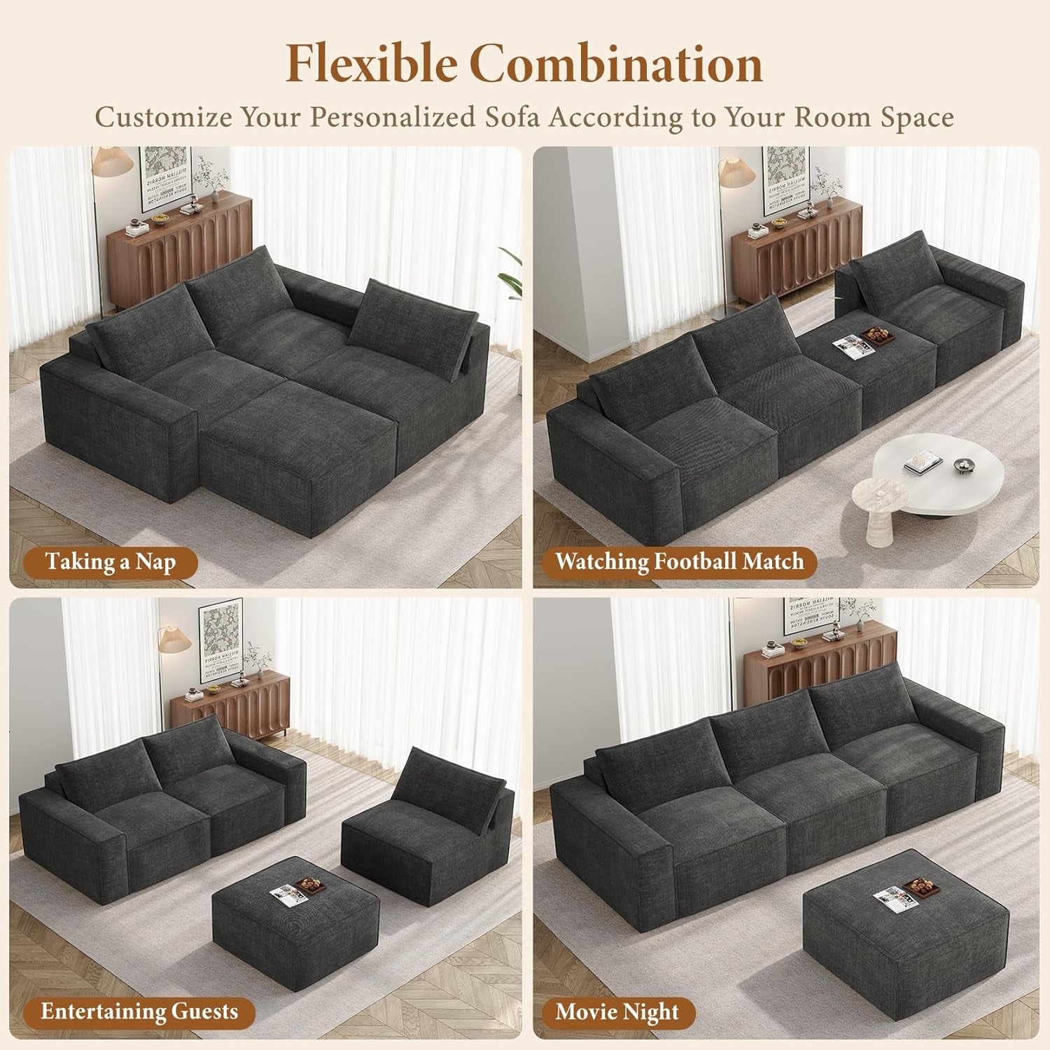 285Cm Boneless Corner Sofa, Deep Seat Large Modular Couch, Grey | Cloud Comfort, No Assembly Required, Easy Rearrangement, Sectional Living Room Couch for Apartment, Compressed Sofa Chenille