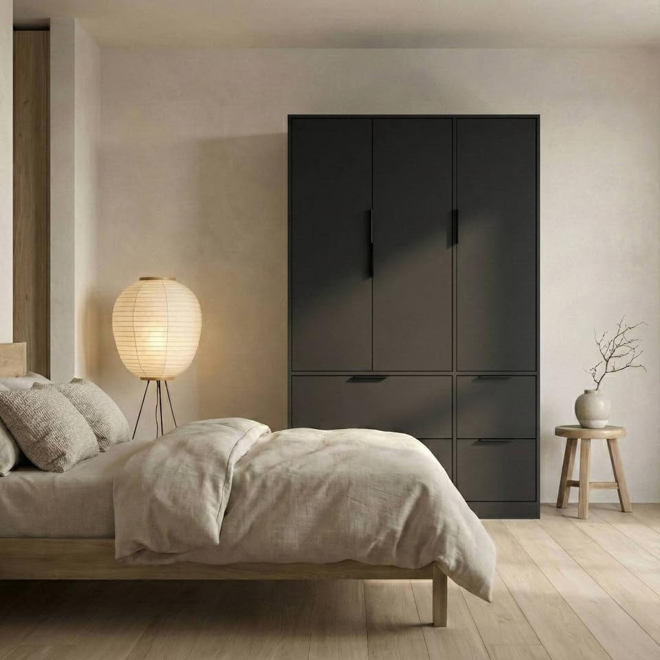 3 Door Wardrobe with 4 Drawers – Wooden Bedroom Storage Cupboard with Hanging Rail for Clothes - Black Unit & Black Doors & Drawers