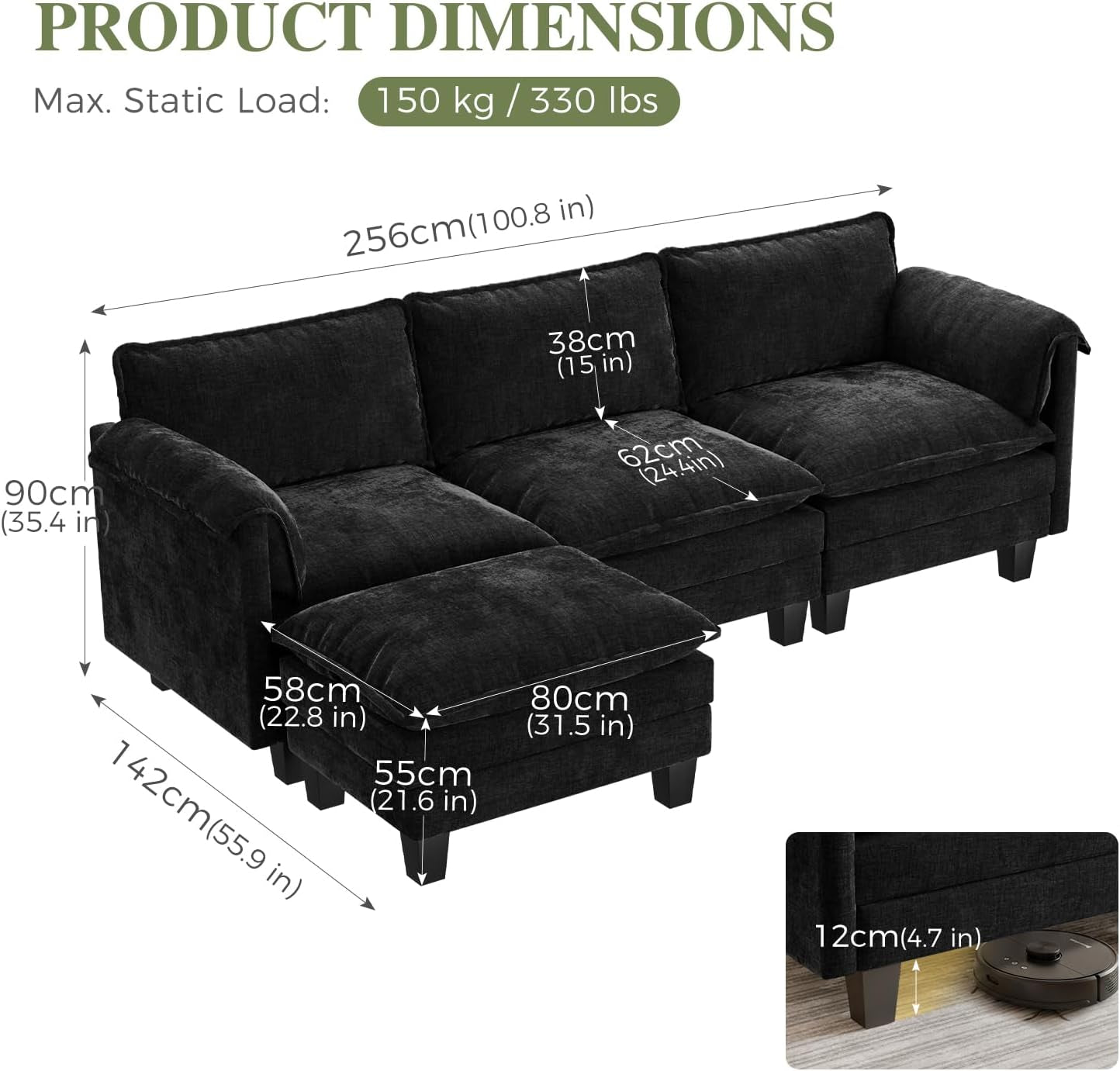 Modular Cloud Sofa, 256Cm Wide L-Shaped Sofa with Ottoman, Modern Chenille 3 Seater Corner Couch with 62Cm Deep Seat, Tool-Free Assembly for Living Room, Apartments & Guest Room, Black