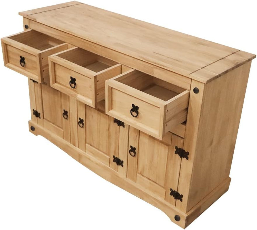 Corona Sideboard, 3 Door 3 Drawer Solid Pine Wood Sideboard Living Room Furniture,Waxed