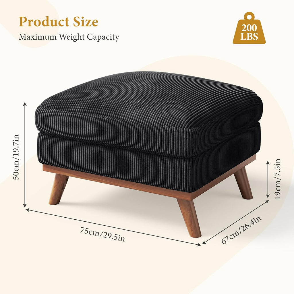 Large Ottoman for Modular Sofa, Large Corduroy Ottoman with Spring Cushion, Rectangle Foot Rest for Couch, Entrance Footstool with Wood Legs, Footstool for Living Room, Bedroom, Black