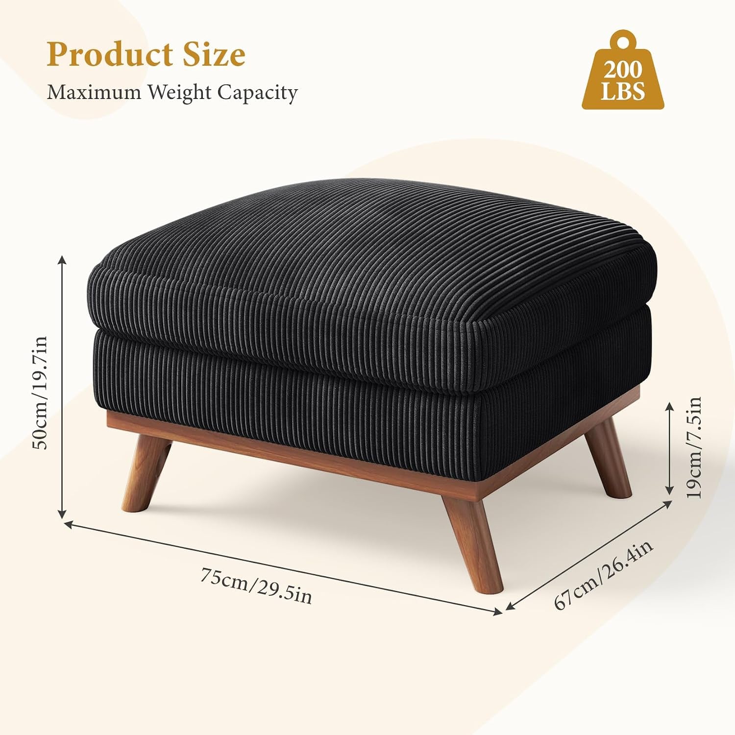 Large Ottoman for Modular Sofa, Large Corduroy Ottoman with Spring Cushion, Rectangle Foot Rest for Couch, Entrance Footstool with Wood Legs, Footstool for Living Room, Bedroom, Black