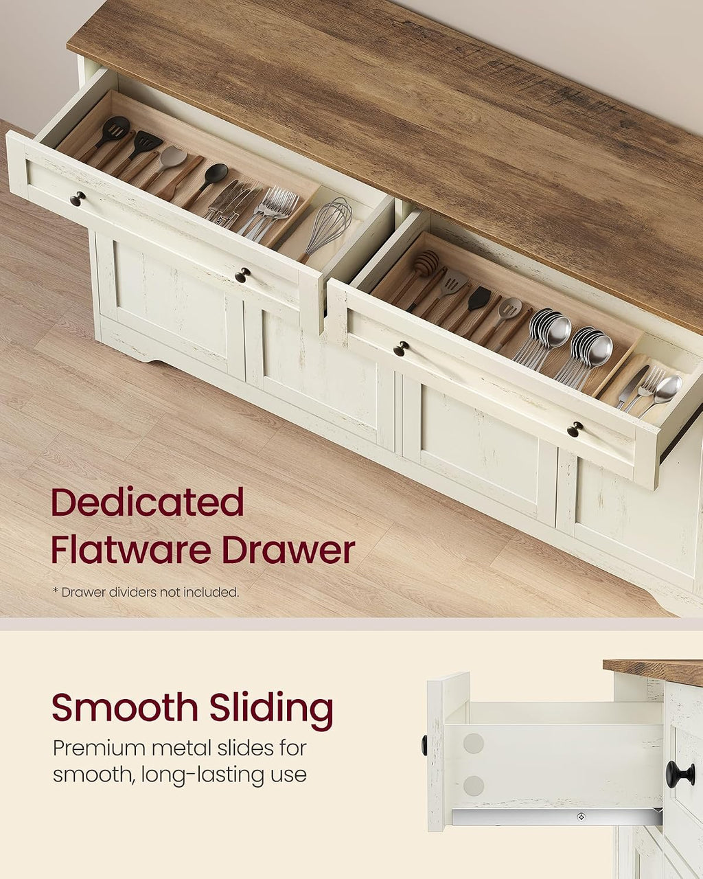 Collection - Storage Cabinet, Farmhouse Buffet Cabinet with 2 Drawers and Adjustable Shelves, 4 Doors, Sideboard, Coffee Bar, 40 X 140 X 80 Cm, Rustic White and Honey Brown SIREN LSC541WJ01