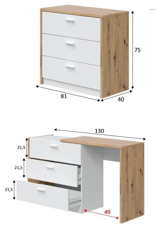 Hallie White and Oak Space Saving Chest of Drawer Desk