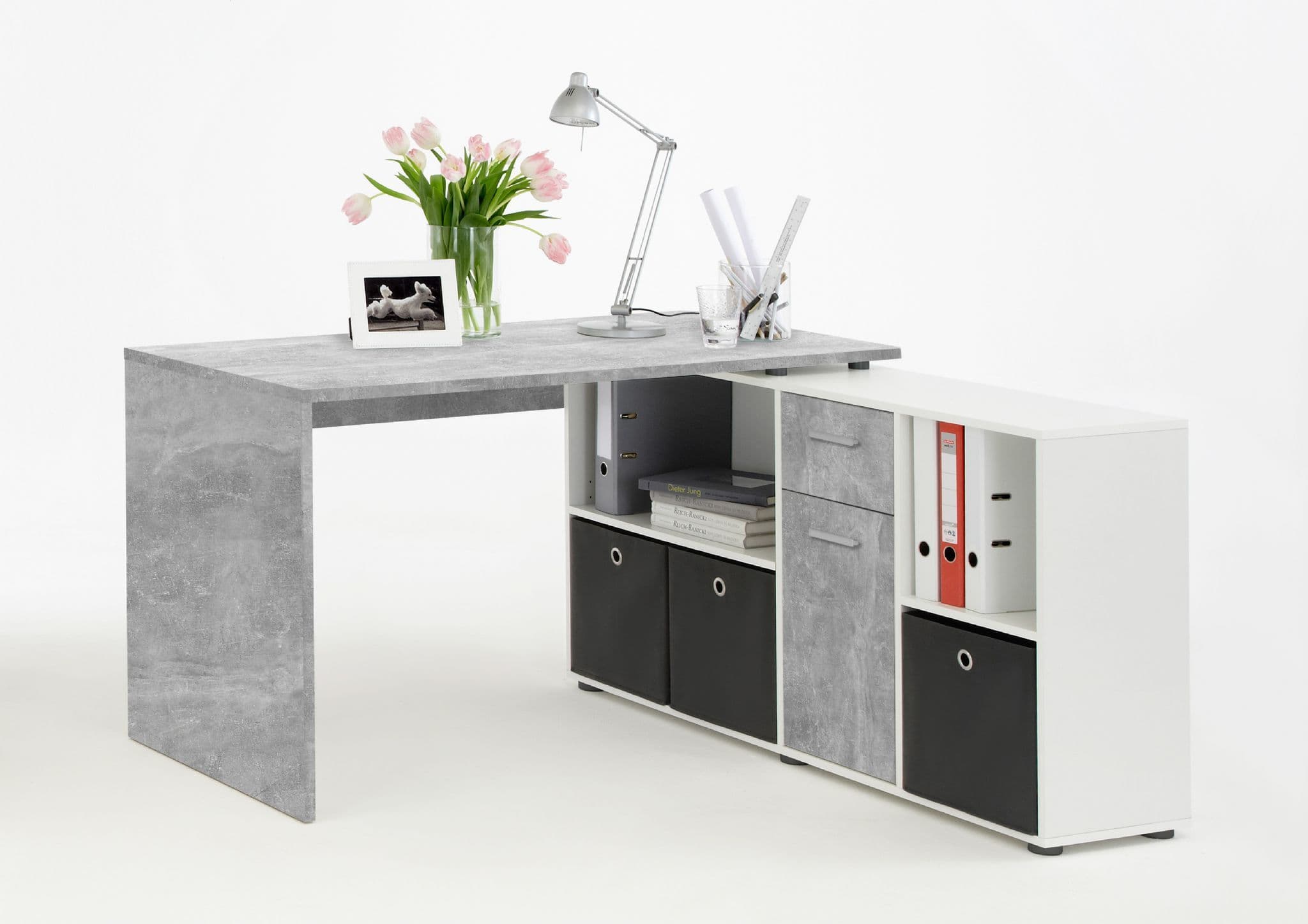 Luna Concrete Grey and White Office Corner Desk
