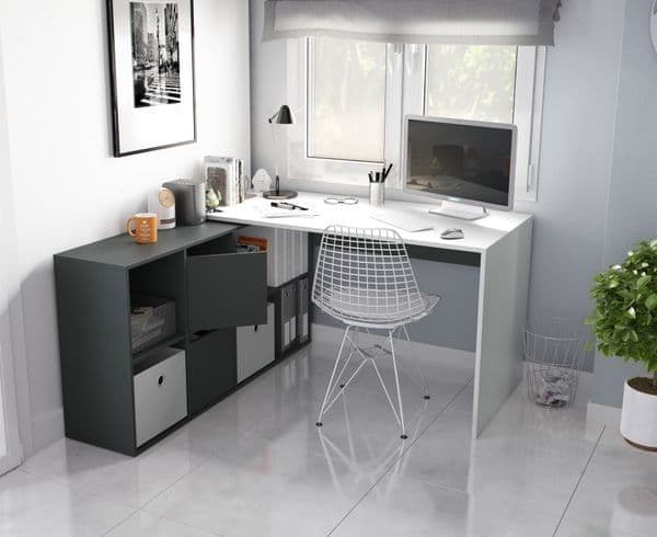 Heidi White and Grey Reversible Large Corner Desk with Storage