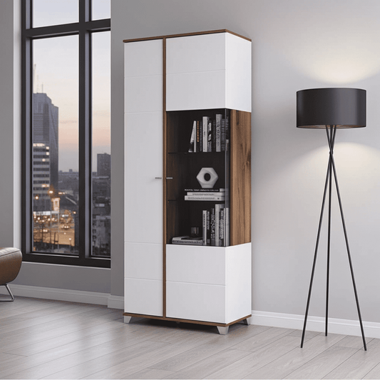 Merlin White High Gloss And Oak Effect Modern Display Cabinet