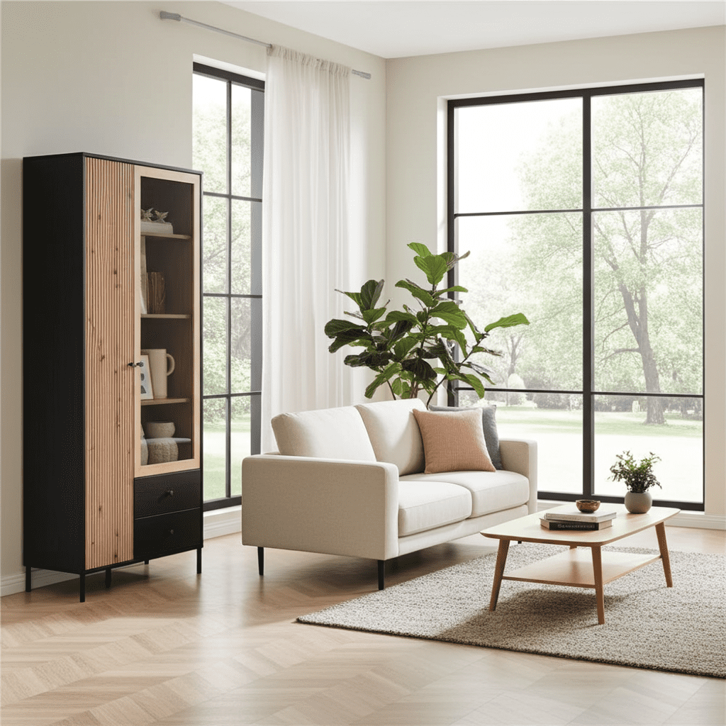 Riverton Slatted Artisan Black 2 Door Wood Display Cabinet