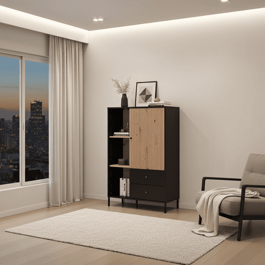 Riverton Slatted Artisan Oak Effect Black Low Display Cabinets for Home