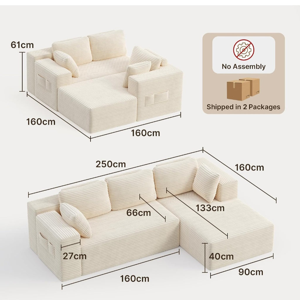 Corner Sofa UK | Boneless Sofa, Soft Corduroy Corner Sofa, No Assembly L