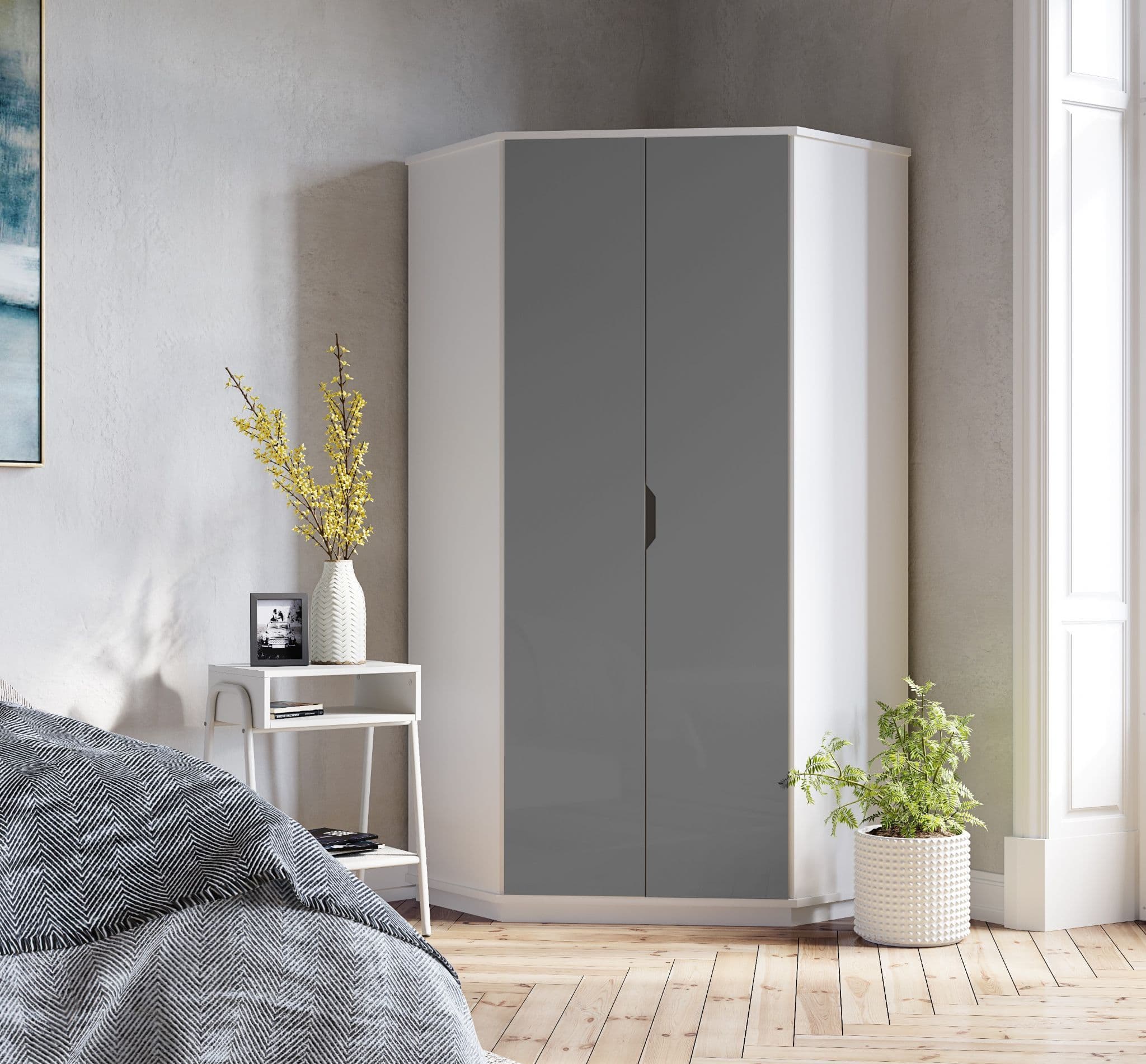 Corner Wardrobe with Mirror Shelves And Hanging Rails