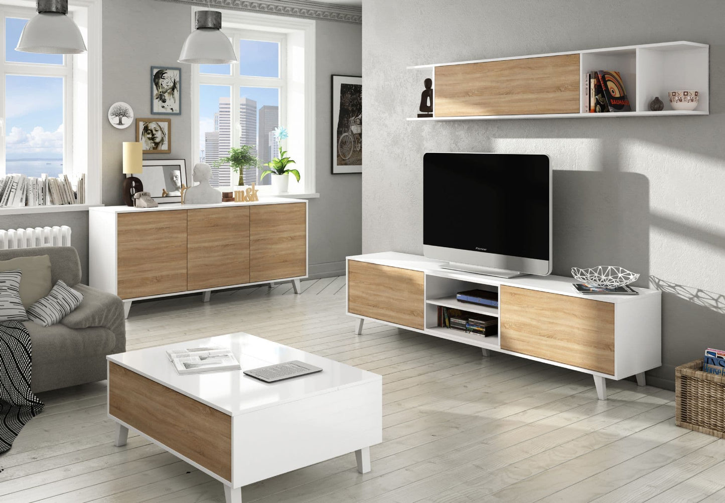 Flanile White with Oak Effect Sideboard